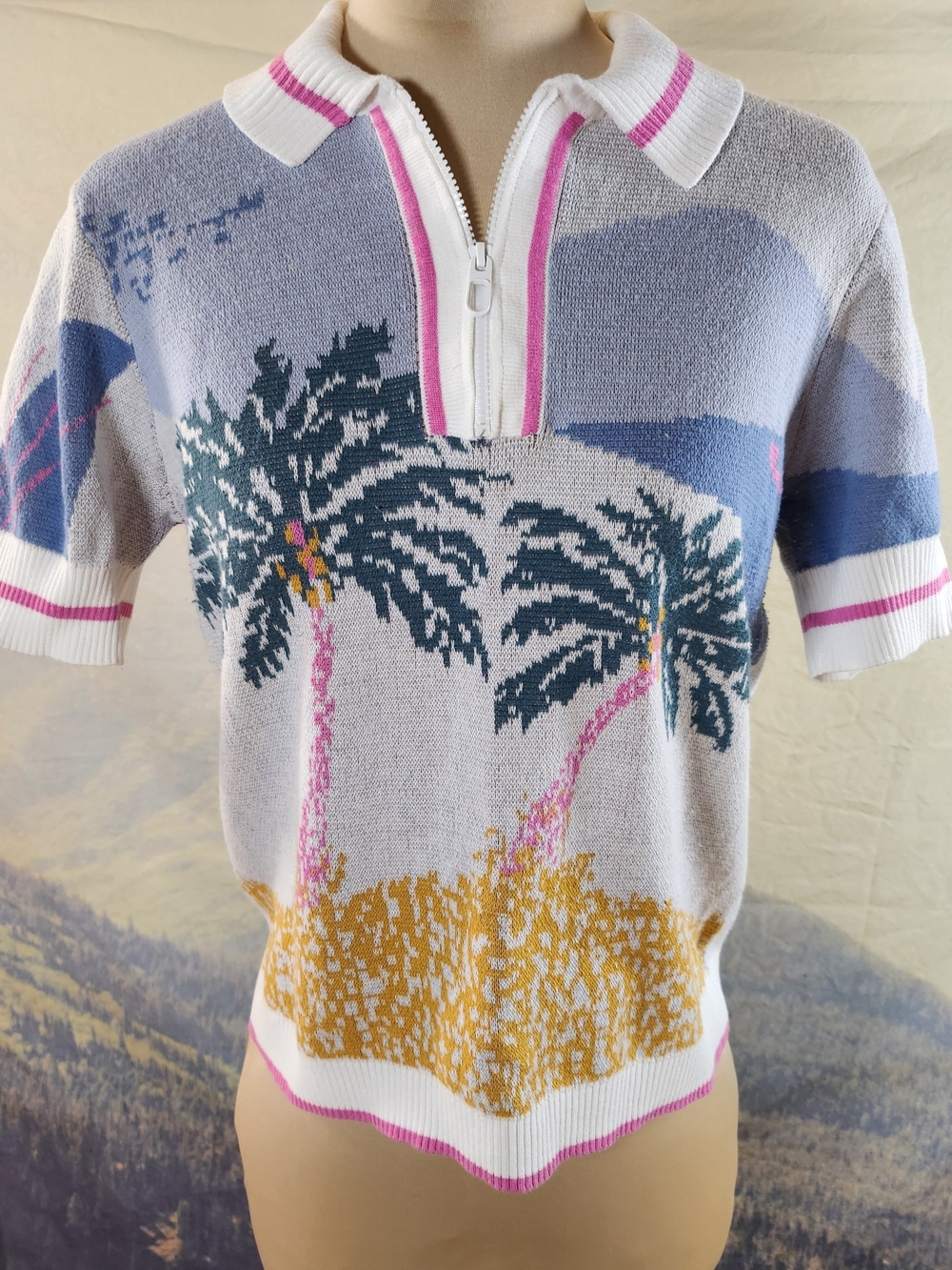 Cynthia Rowley Palm Tree Zip Polo M Medium